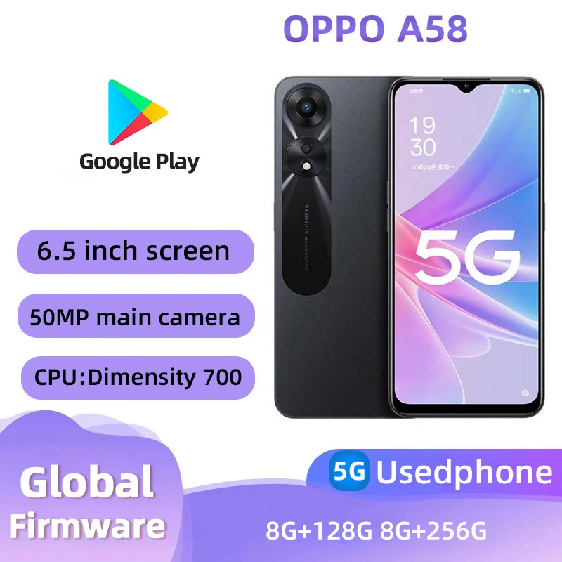 Oppo A58 5g Smartphone Android CPU Dimensity 700 6.5inches Screen RAM 8G ROM 128G 5000mAh Battery used phone