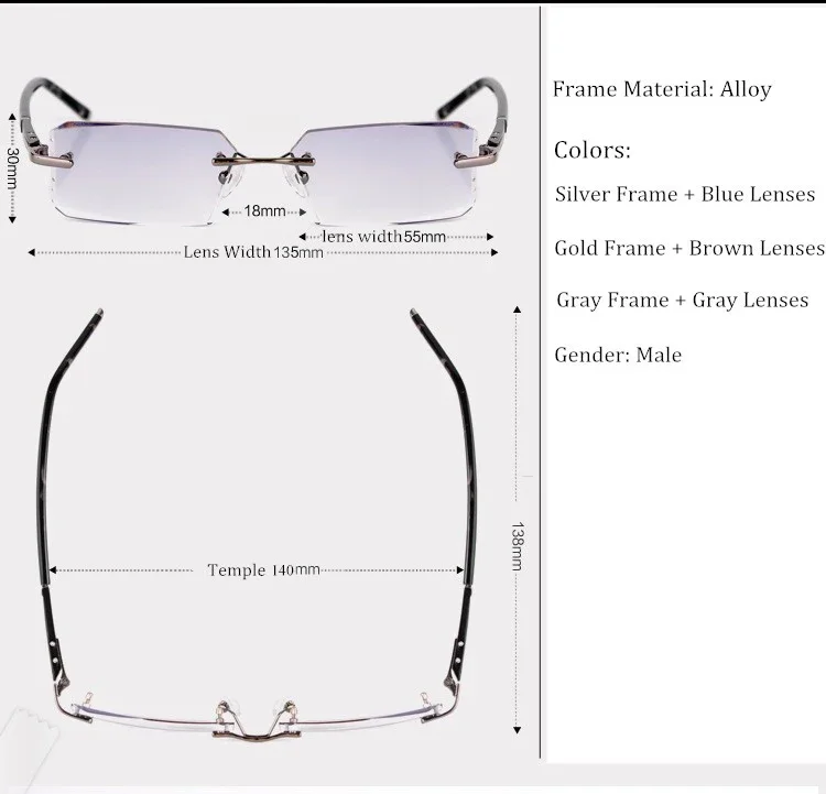 Chashma Luxury Tint Lenses Myopia and Reading Glasses Diamond Cutting Colored Sunglasses Rimless Prescription Glasses for Man