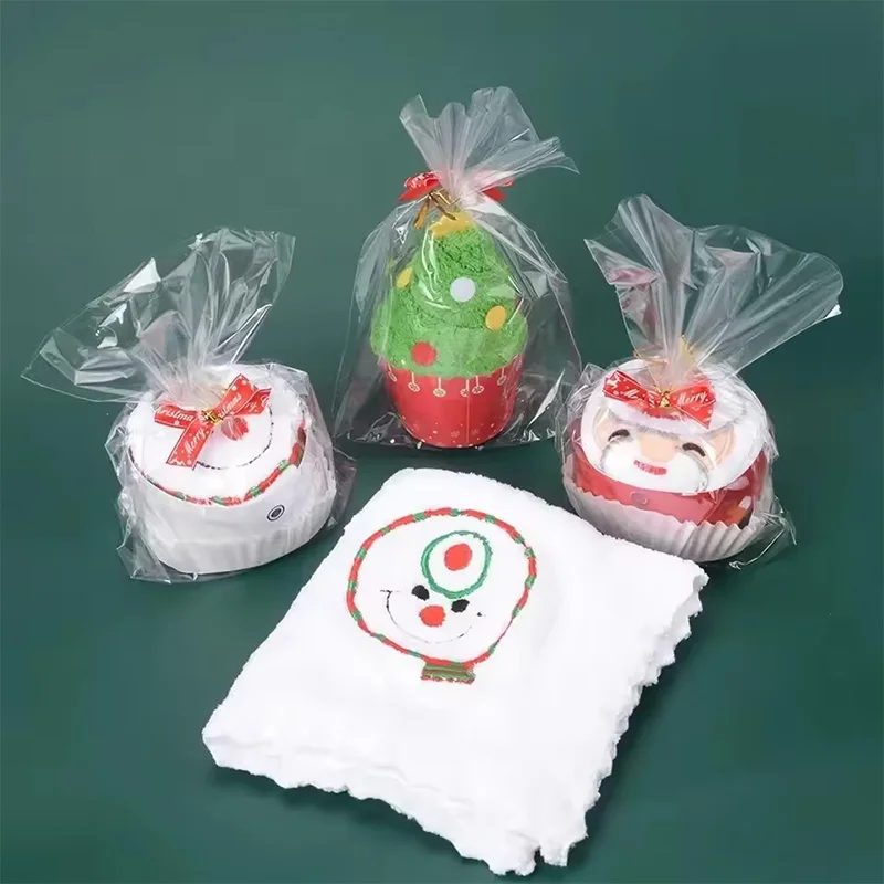 Christmas Towels Plastic Bags Bowknots Gift Cupcake shaped Xmas Tree Santa Claus Snowman Xmas Gifts Home Bathroom Decor Supplies
