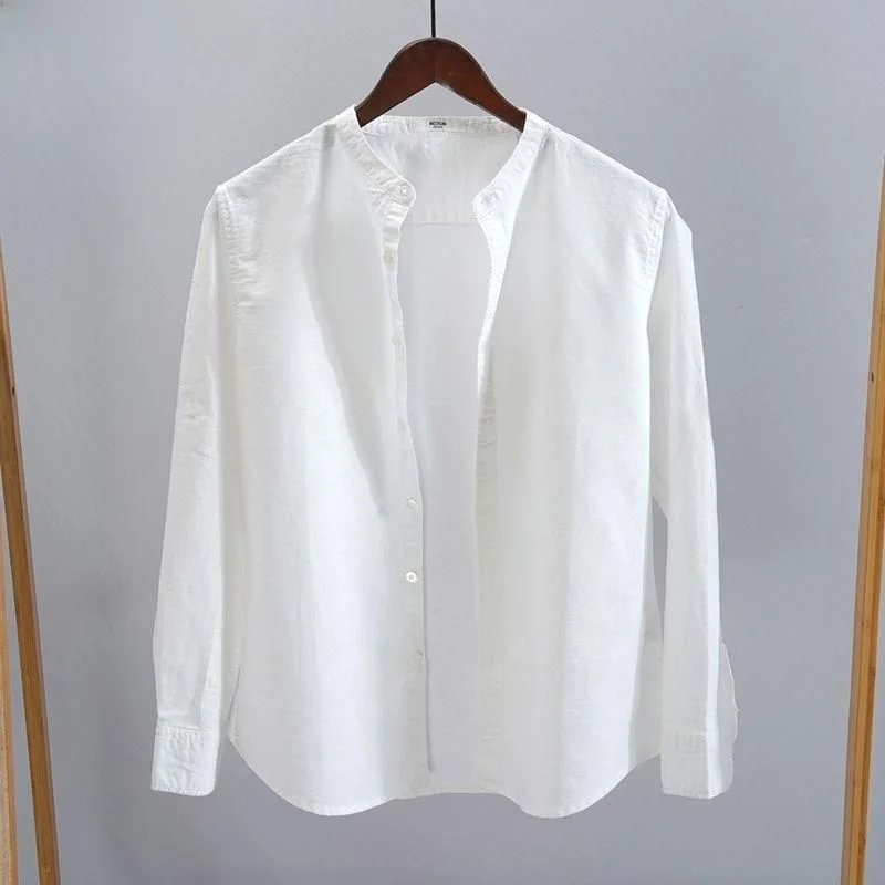 

Men's Casual Linen irt Long Sve Thin Cotton Linen Spring Summer Pure Color White Stand Collar No ket Simple Design
