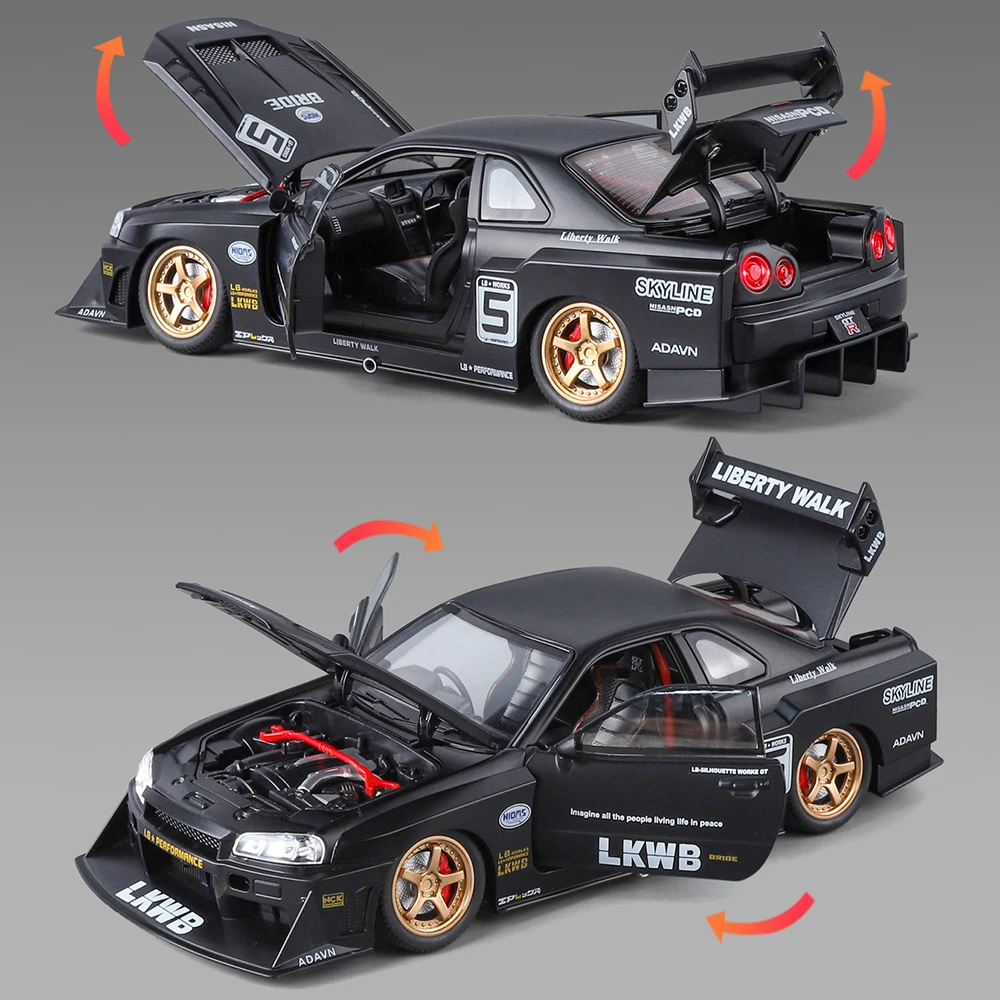 

1:24 Nissan SKYLINE GTR Alloy Sportcar Model Diecast Toys Doors Can Opened Four Wheel Suspension Rubber Tires Vehices Collection