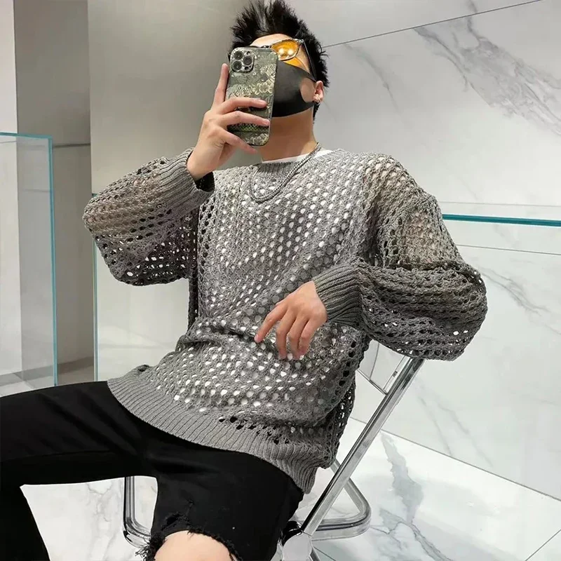 Y2K Vintage Hollow Out Loose Knitting T-shirt Man All Match Geometic Tops Fashion Casual Outfits See-though Male Pullover XT984