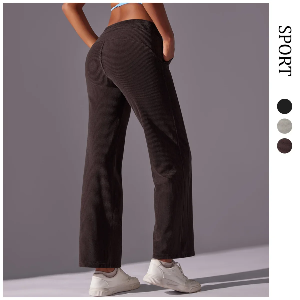 

New Casual Wide-legged Yoga Pants Showing Hip and Waist, Outdoor Sports Trousers, Corduroy Striped Fitness Pants for Women