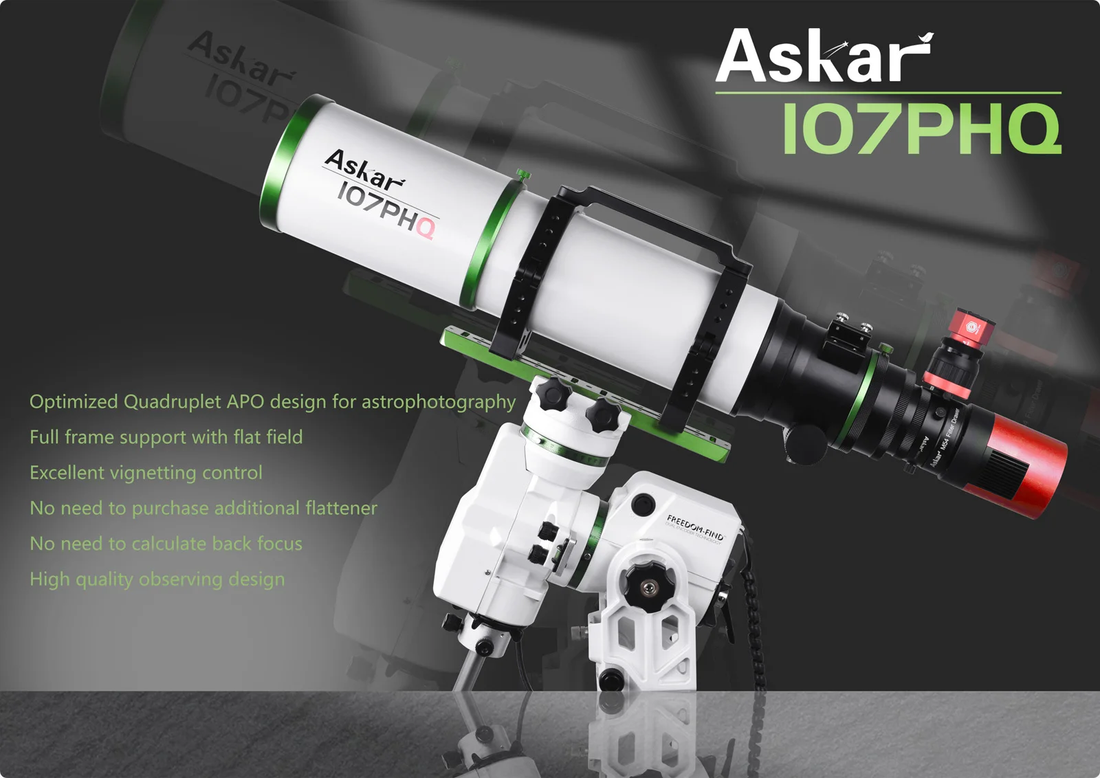 

Askar 107PHQ f/7 Long Focus Ratio Flat Field Quadruplet air-spaced APO Telescope 0.7x full-frame Reducer