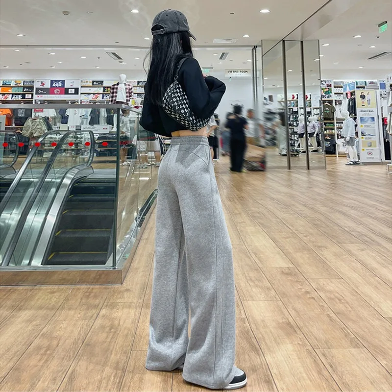 여성을위한 흰색과 회색 매칭 스포츠 바지 봄 가을, 겨울 느슨한 스트레이트 레그 쁘띠 좁은 와이드 레그 스웨트 팬츠
