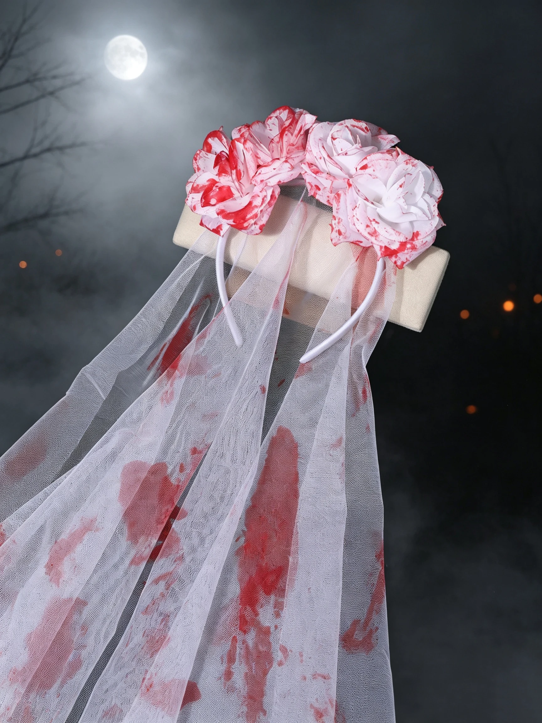 Halloween Blood-Red Bridal Veil, Simulated Rose Garland Blood-Stained Mesh Veil, Ghost Bride Cosplay Party Headpiece