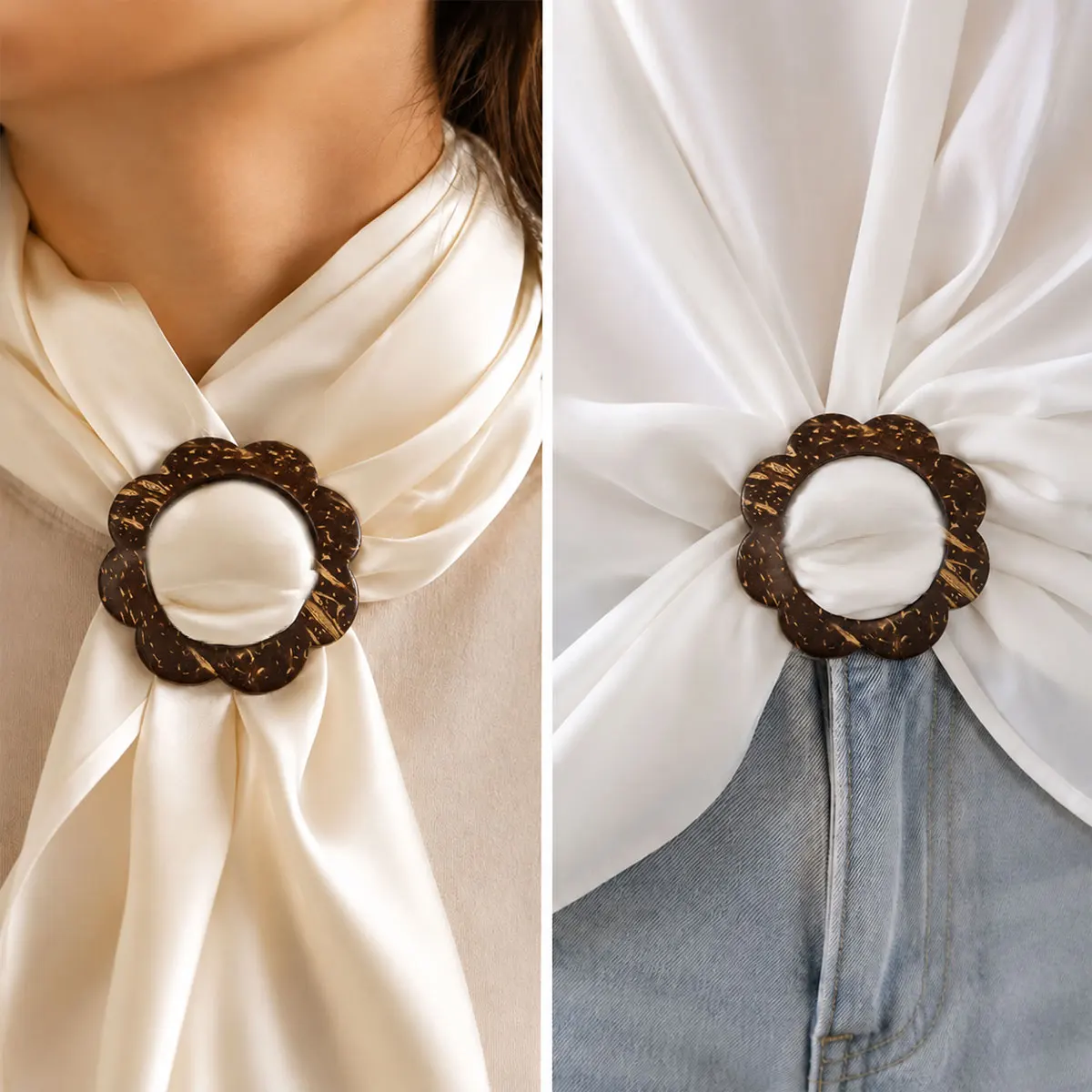 2pcs 5.9cm Flower Scarf Buckles, Brown Coconut Shell Scarf Holders for Silk Scarves, Shawls, Blouses and Waist Styling