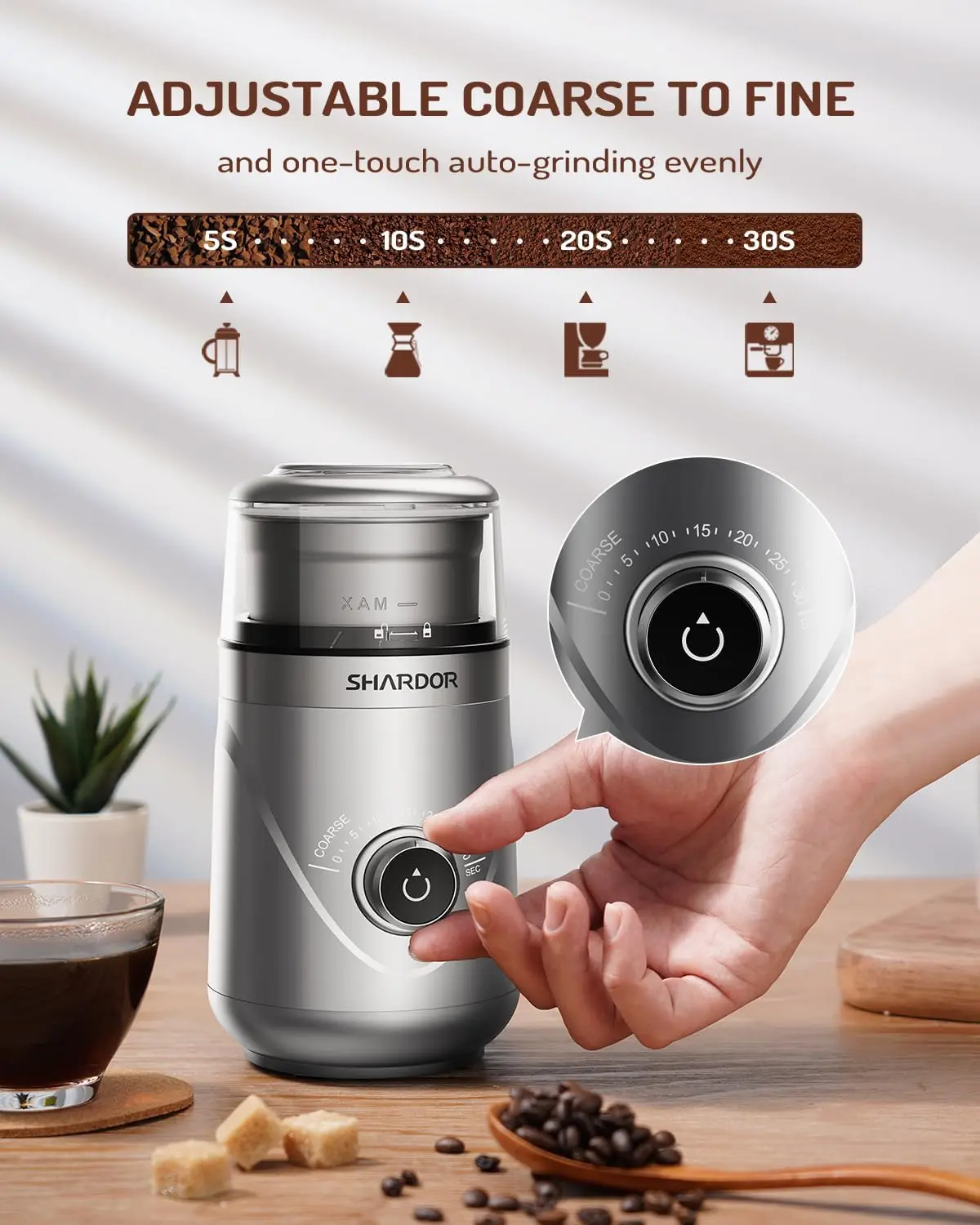 NEW Adjustable Coffee Bean Grinder Electric, Herb/Spice Grinder, Espresso Grinder with 1 Removable Stainless Steel Bowl, Silver