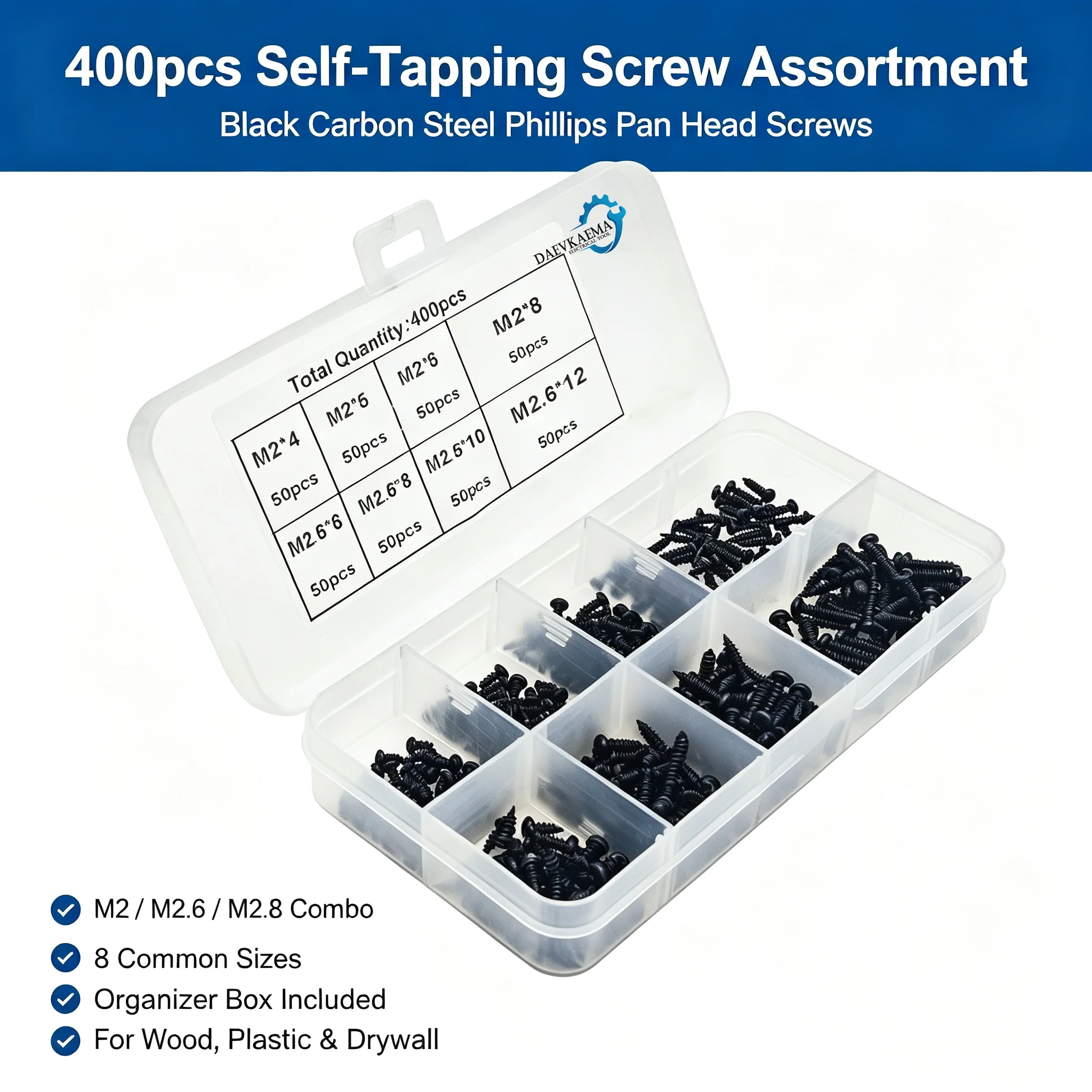 Small Self Tapping Screws 400pc M2 M2.6 Black Truss Head Carbon Steel Kit for Eyeglass Repair & Electronics