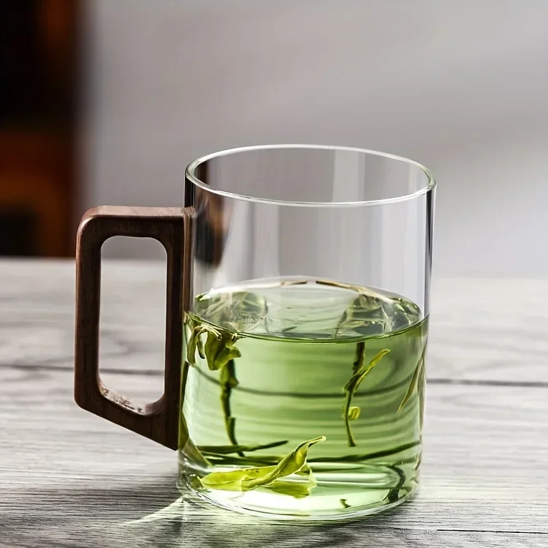 1/2pcs 400ml Large Capacity Heat-Resistant Glass Tea Cup with Walnut Handle for Household And Office Use Drinking Mug