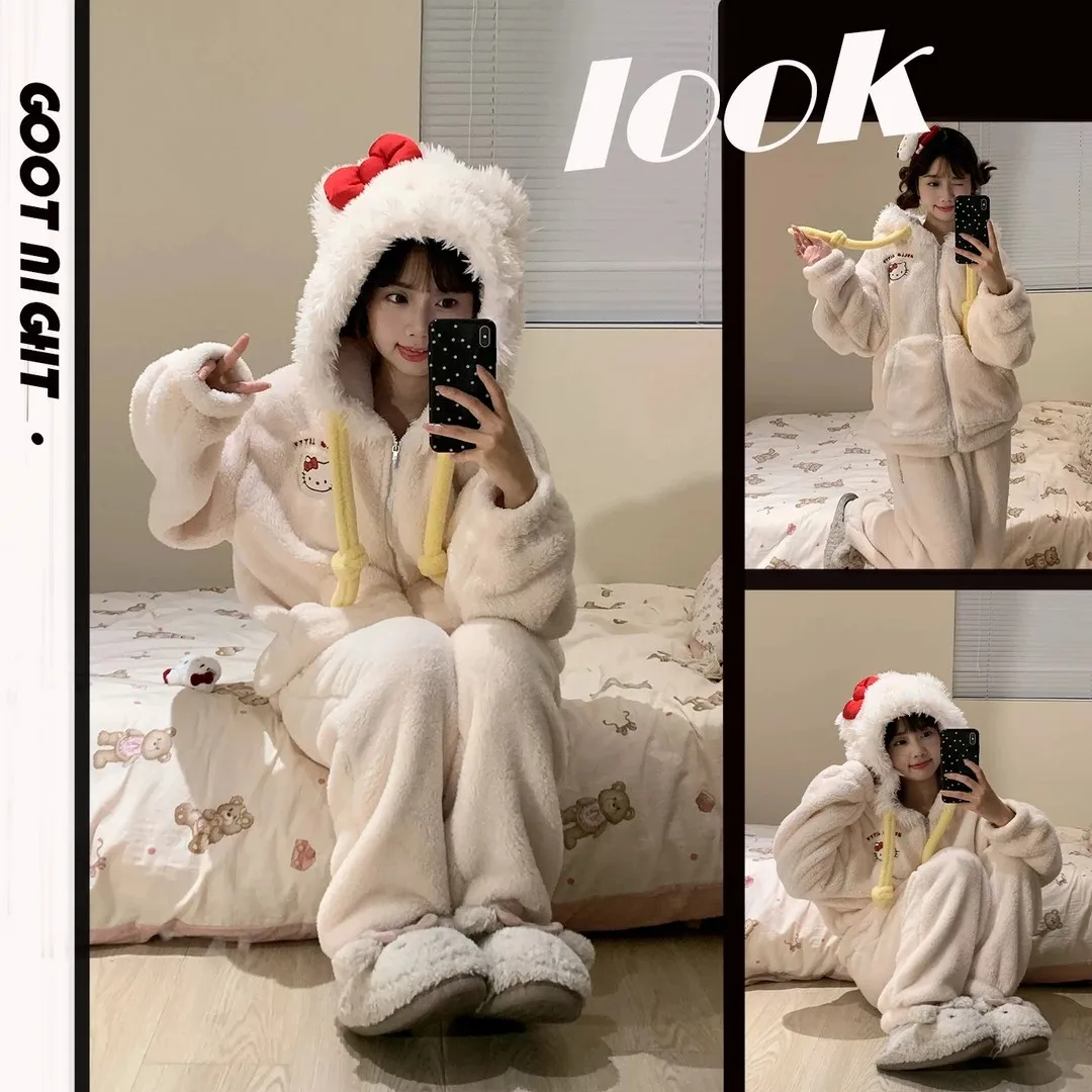 2026 Hello Kitty Women's Fleece Pajama Set, Winter Thick Coral Loungewear & Robe, Cute Warm Sleepwear