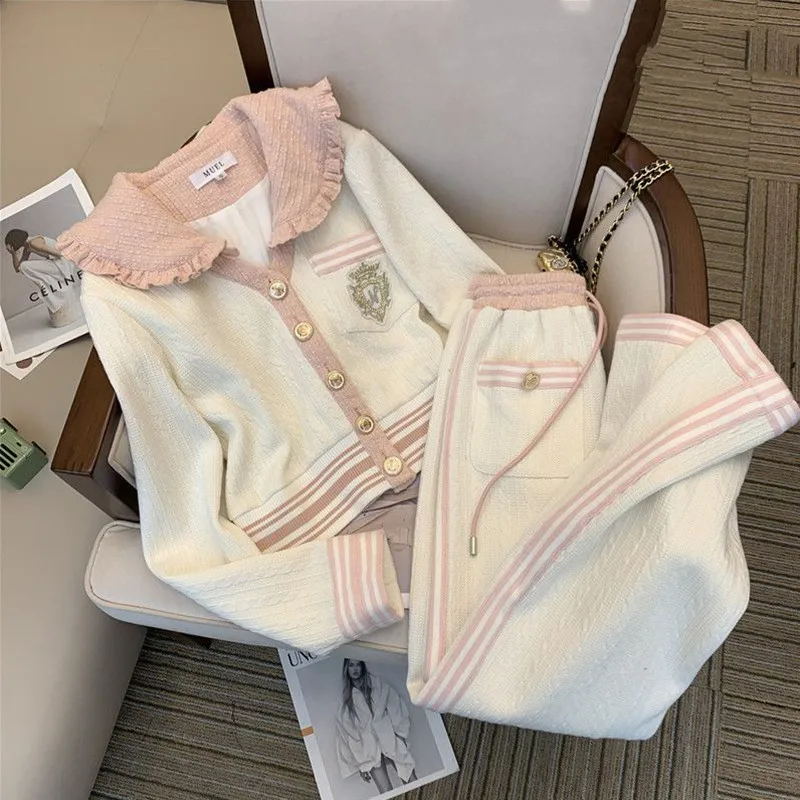 Xiaoxiangfeng Knitted Women's Set 2024 Spring New High end Cardigan Wide Leg Pants Celebrity Style Two Piece Set