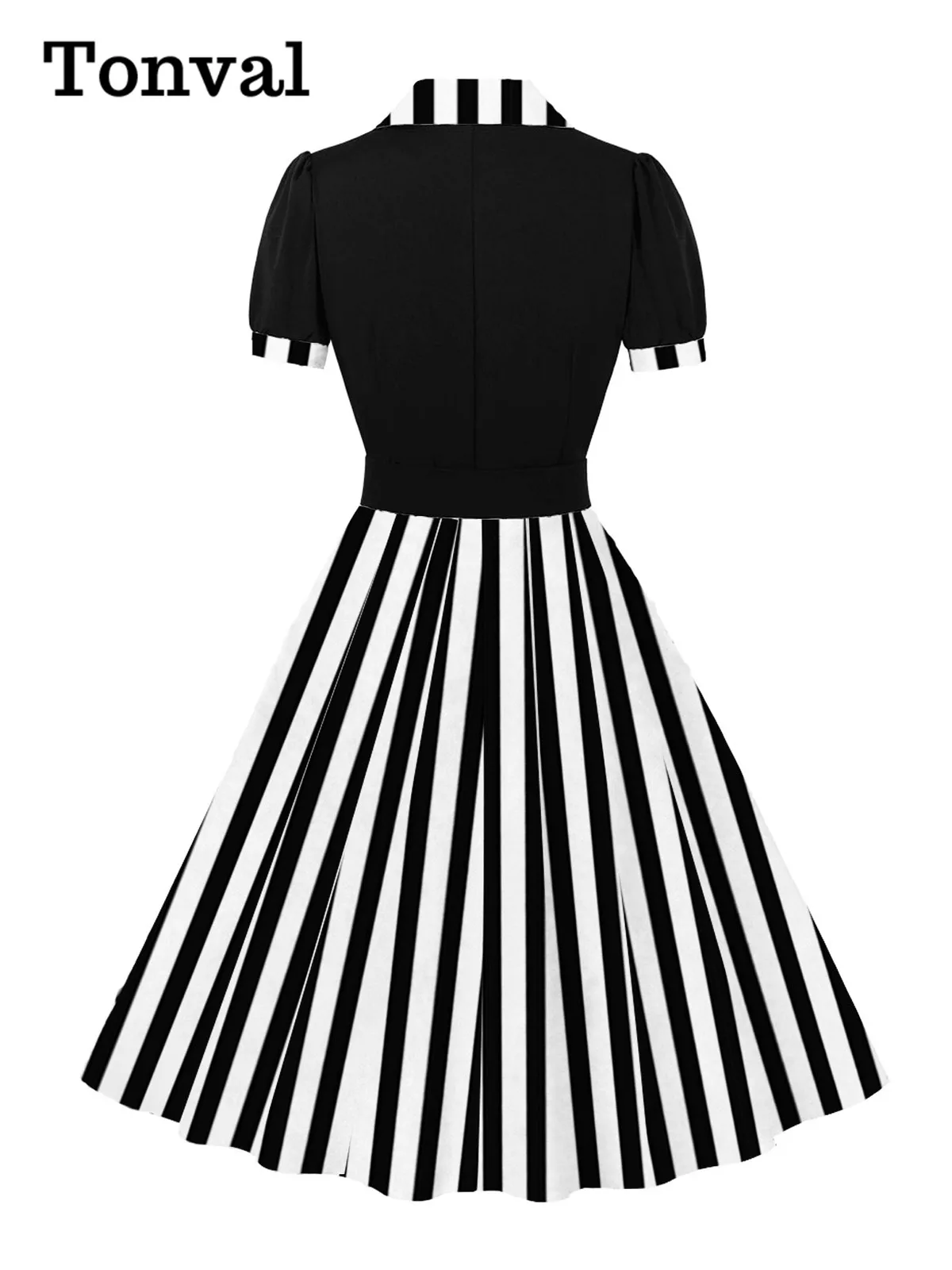 Tonval Black and Striped Print Pleated Elegant 50s Pinup Retro High Waist Belted Short Sleeve Women Summer Vintage Dresses