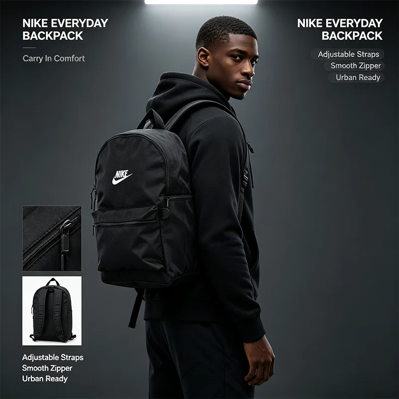 Nike DH7709-010 Official Genuine Black Backpack Classic Sports Backpack Durable Adjustable Travel School Shoulder Bag DH7709-