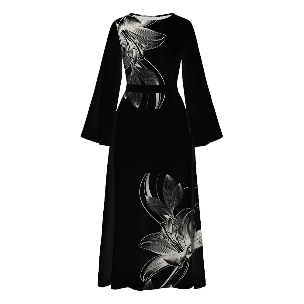 Muslim Female Black Abaya women Long Flare Sleeve Dubai Turkey Caftan Floral Print Islam Dresses Casual O Neck Robe With Belt