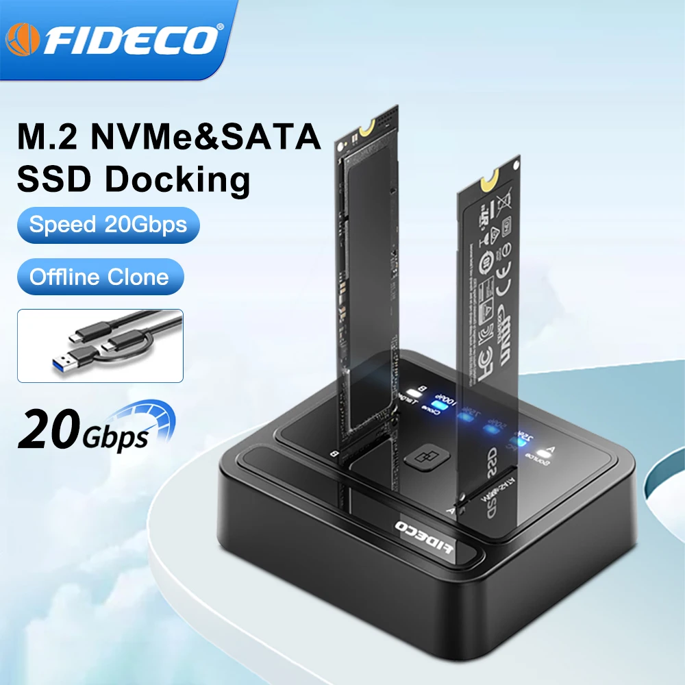 FIDECO SATA NVMe SSD Cloner Dual-Bay M.2 NVME SSD Enclosure Tool-Free Type-C 20Gbps Hdd Docking Station Supports Offline Clone ﻿