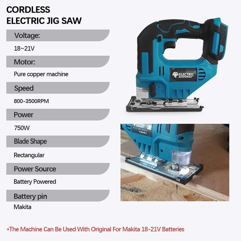 Electric Goddess Cordless Electric Jig Saw 3500RPM Portable Multi-Function Curved Saw Power Tool For Makita 18V Battery Pin