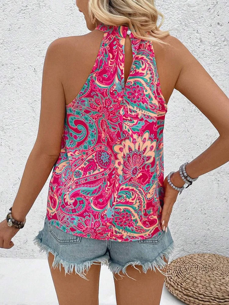 Novo verão feminino sem costas camisa impressa, camisas sem mangas, roupas femininas, camisas de férias, tops de verão, tops casuais