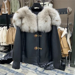 2023 Real Natural Merino Sheep Fur Genuine Leather Jacket Real Fox Fur Collar Winter Women Coat Thick Warm Luxury Female Coats