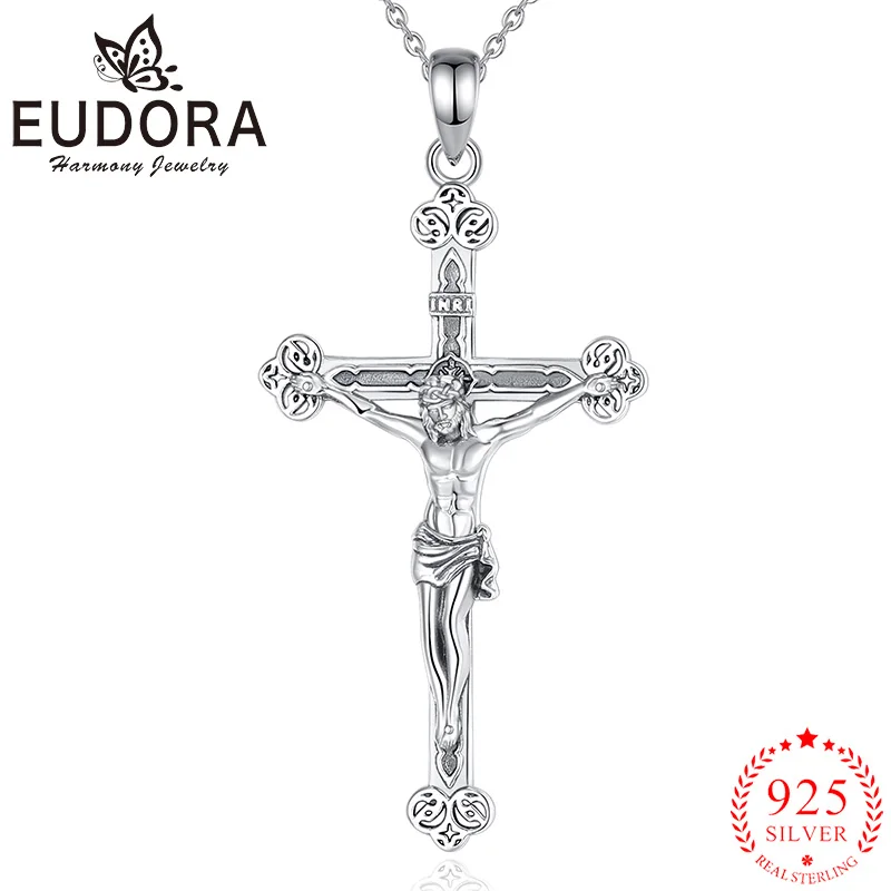 Eudora New 925 Sterling Silver Crucifix Cross Necklace Jesus Amulet Religious Pendant Men Women Jewelry Personality Gifts