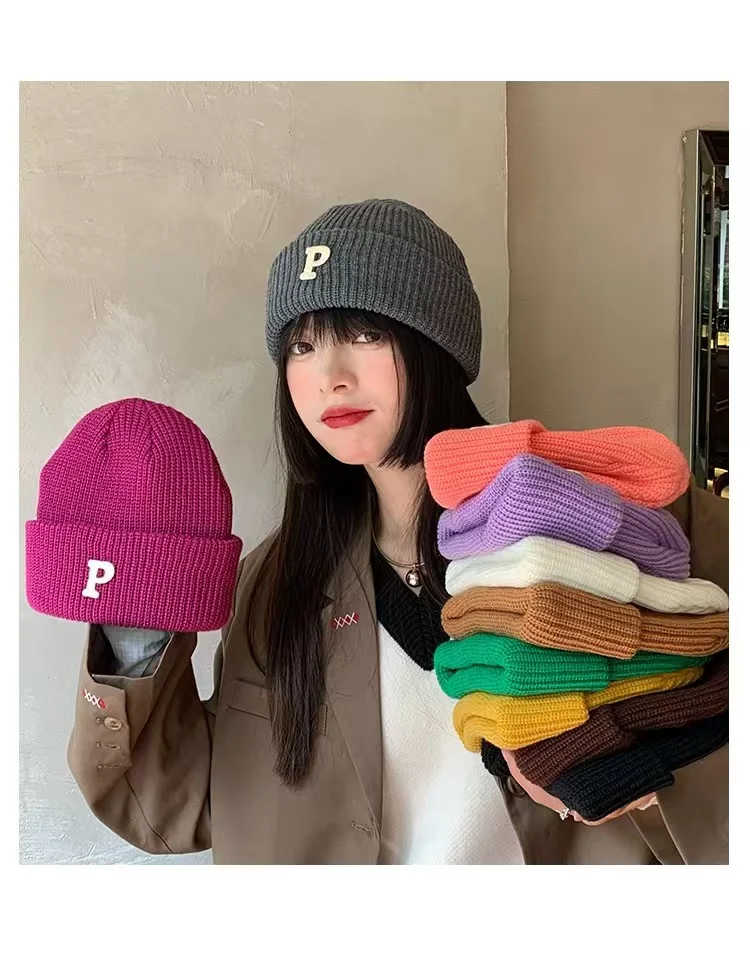 Autumn and winter P letter woolen hat children autumn and winter Korean version of ins fashion warm everything students sweet co