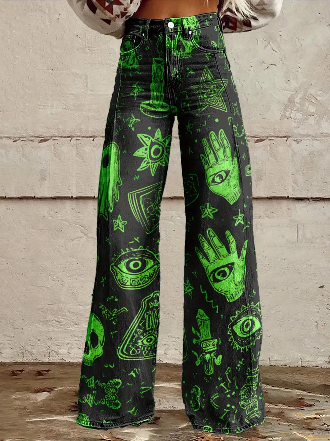 2026Women's imitation jeans printed with various high waisted flared pants, retro fashion, Ladies' high waisted wide leg jeans