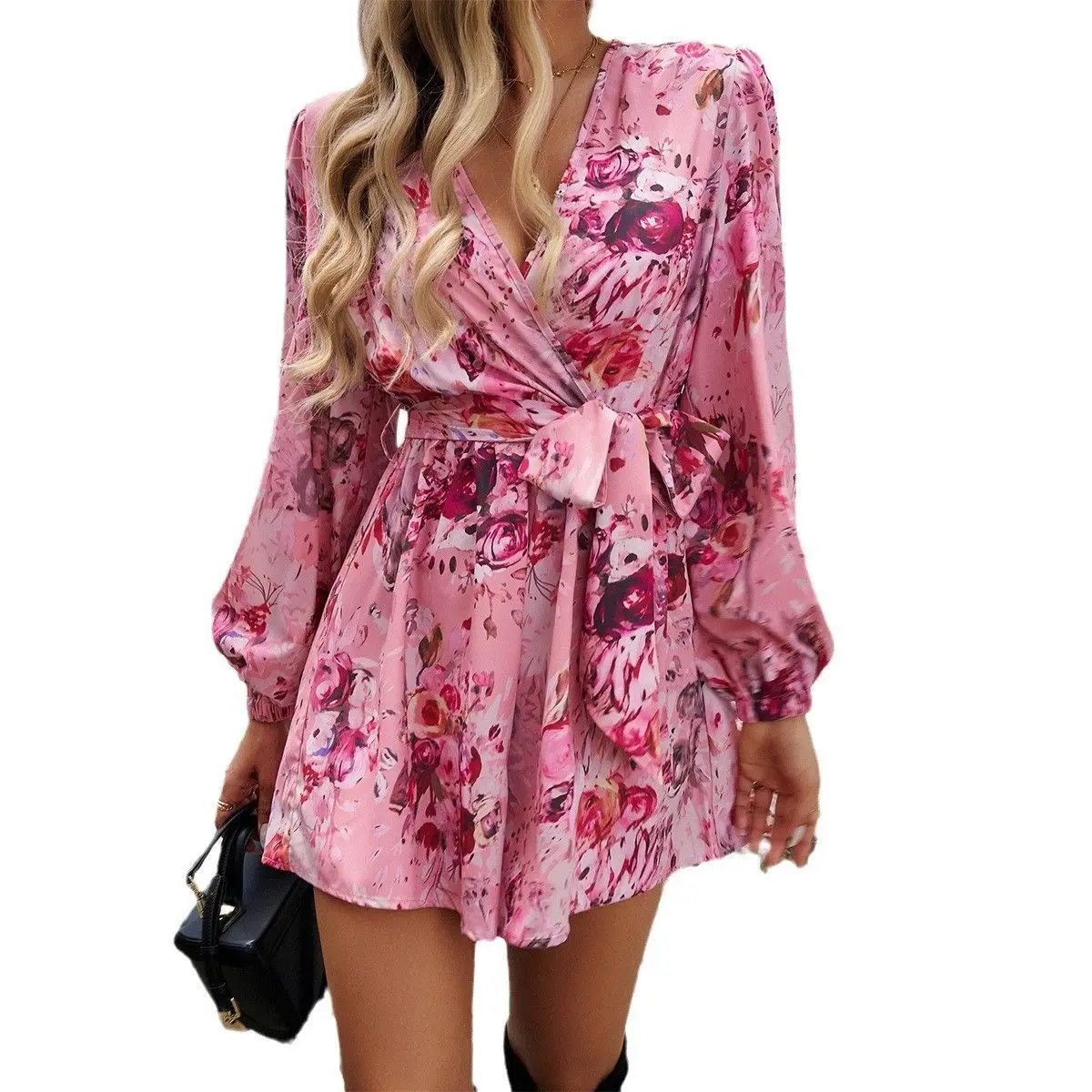 กางเกงเอวสูงลายดอกไม้พิมพ์ลายสีสันสดใส ชุดจั๊มสูทแฟชั่นสำหรับผู้หญิง ฤดูใบไม้ร่วง ฤดูหนาว ผ้าโพลีเอสเตอร์