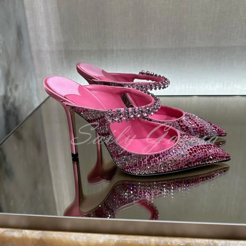 

Candy Pink Satin Mules Pointed Toe Crystal-Embellished High Heel Pumps Women Bling Bling Elegant Wedding Party Dress Slippers