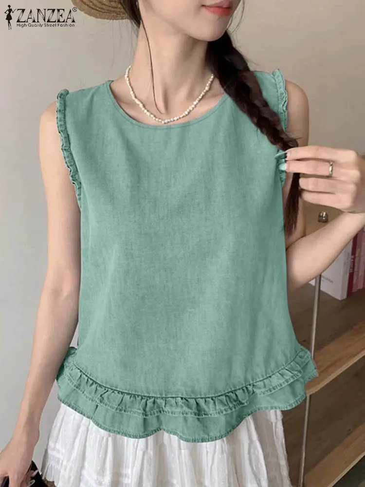 ZANZEA Ruffled Edge Korean Fashion Tank Tops Solid Color Sleeveless O Neck Elegant T-shirts Summer 2024 Women Casual Blouses