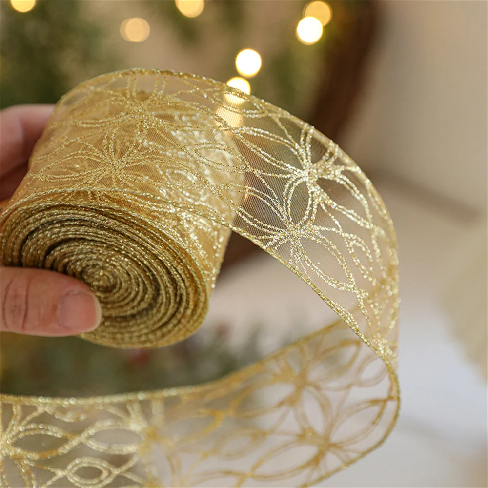 2m/roll Christmas Tree Ribbon Shiny Gold Wired Ribbon for Xmas Tree Ornaments Gift Packing Bow Crafts Home Christmas Decoration