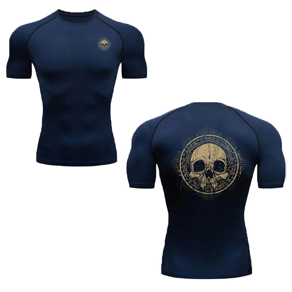 Summer Fitness Compression T-Shirt Elastic Breathable Skull Print Quick Drying Crew Neck Short Sleeve Casual Commute Top