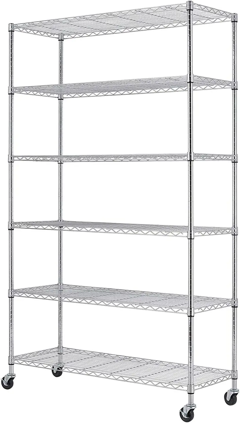 18x48x82 นิ้วชั้นวางลวดหน่วยล้อเหล็ก 6 ชั้น Heavy Duty Layer Rack Storage ชั้นวางโลหะโรงรถ Organizer ลวด