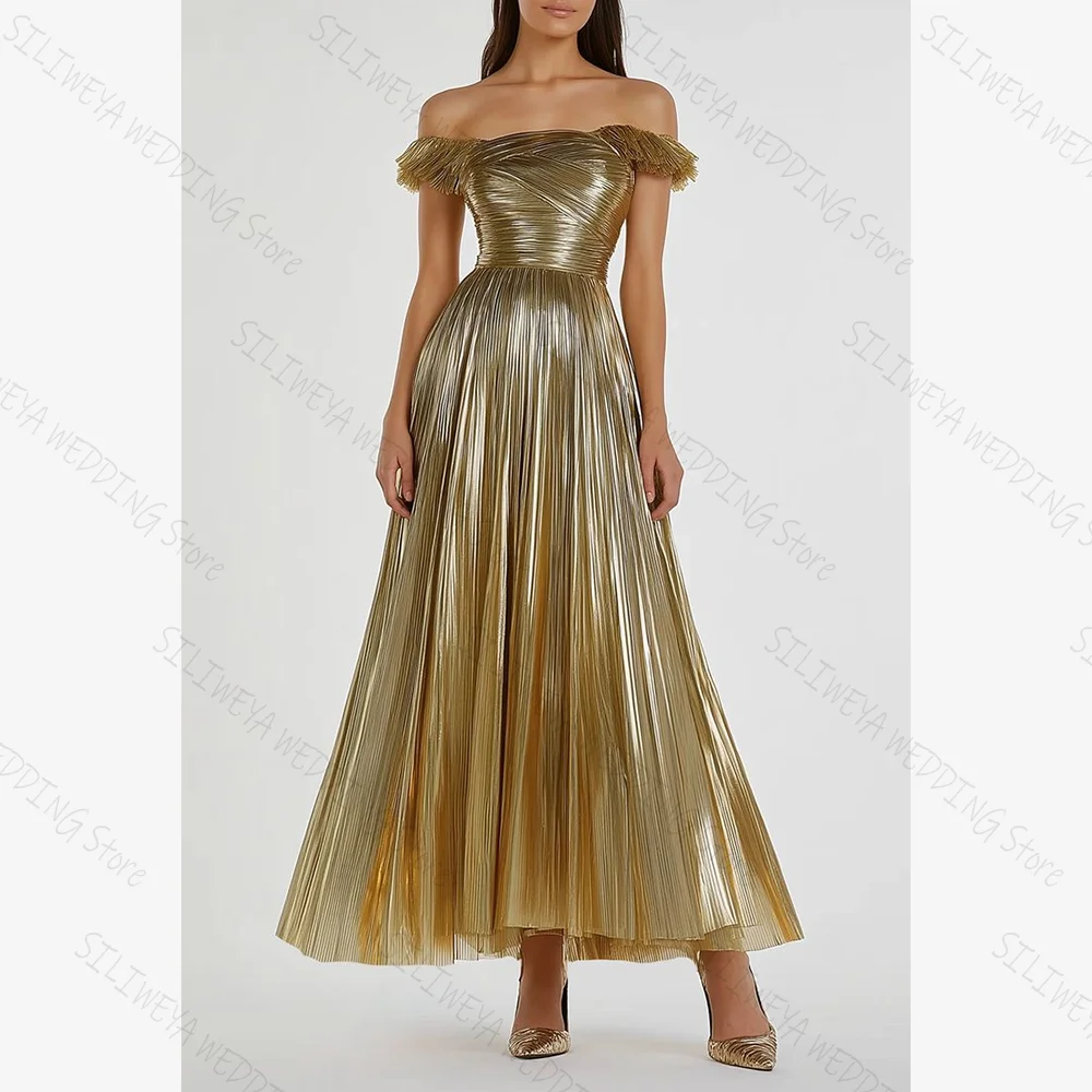 

Gold Off The Shoulder Slit Chic Prom Dresses A-Line Sleevesless Tea-Length Female Party Evening Gown