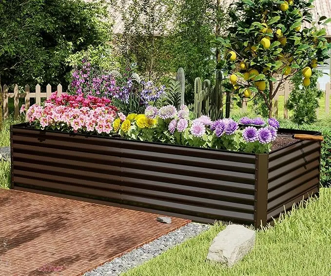 8x4x2ft Galvanized Raised Garden Bed, Outdoor Planter Garden Boxes Large Metal Planter Box, Brown