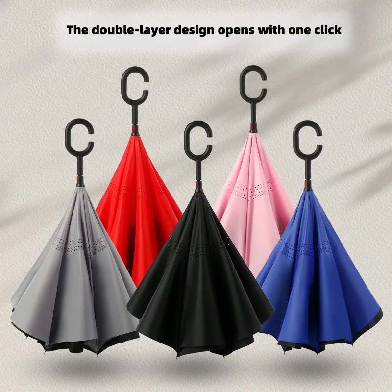 Universal Umbrella C-shaped Handle Windproof Double-layer Long-handled Inverted Folding Umbrella Car Reverse Umbrella