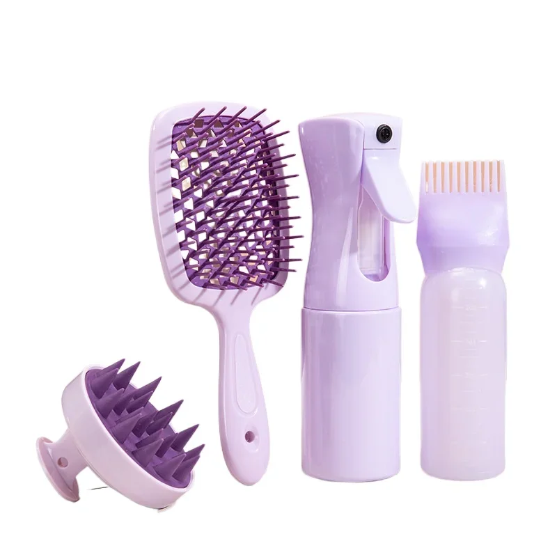 4pcs Set Hollow Comb Set with Spray Bottle 200ml Hair Care Product Set Silicone Shampoo Head Scalp Massage Brush