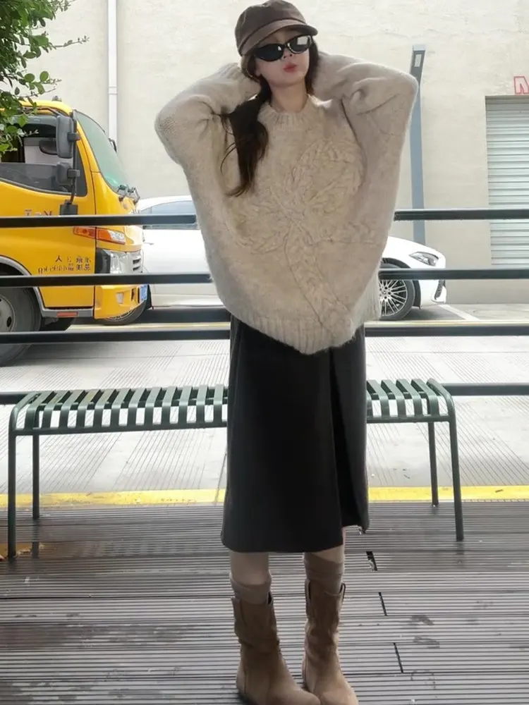 Sweter damski Ele Lazy Sle Long Sve, dzianinowy, ocieplany, luźny krój, wiązany, jesień-zima, nowość, ciepły...