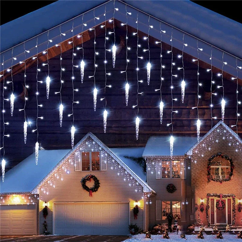 EU/US Plug Christmas Garland LED Icicle Curtain String Light  0.4-0.5-0.6M Droop Xmas Garden Street Wedding Decora Light Steady