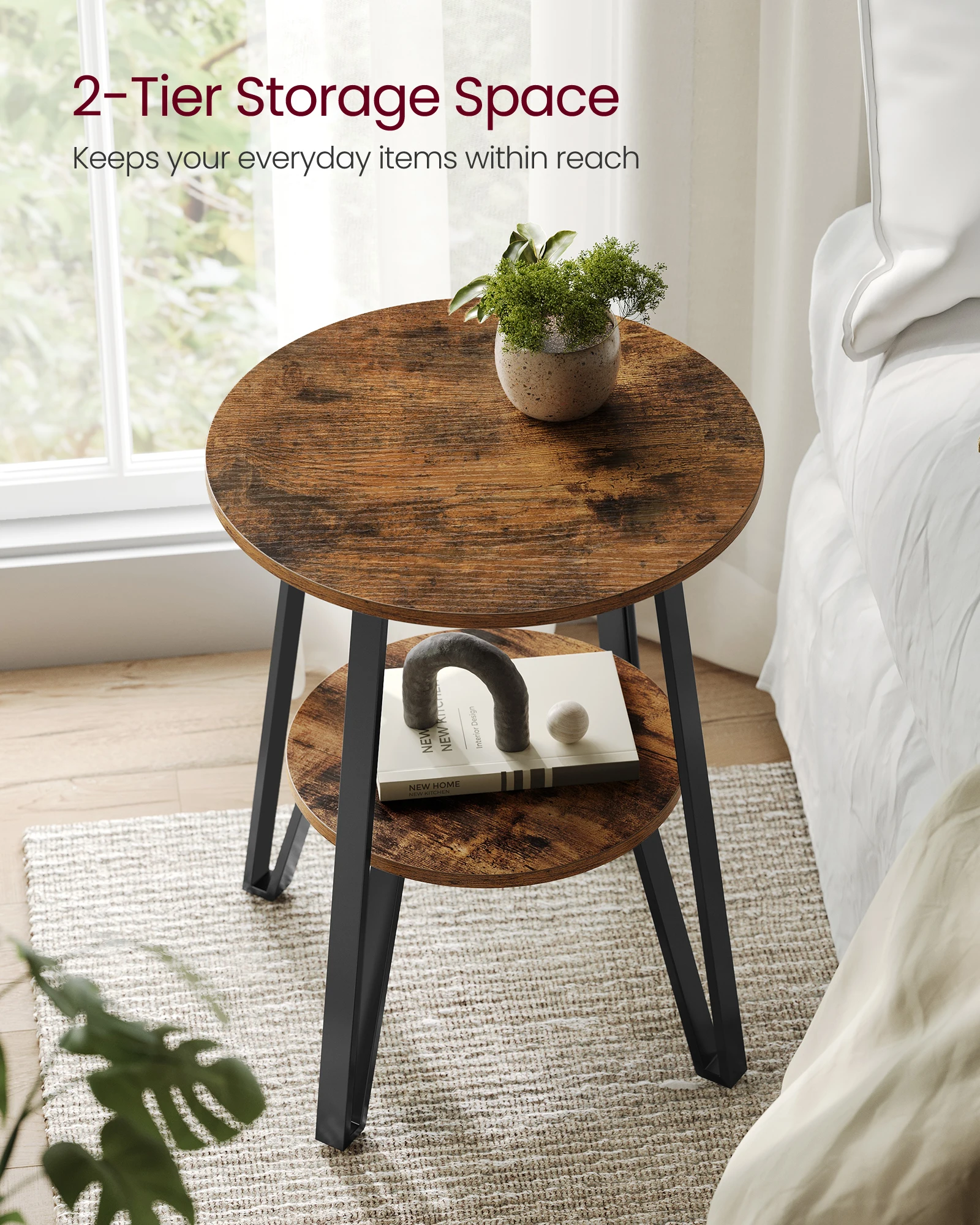 Charging Station Storage Bed Side Table With 3-Tier Small Round End Table With USB Ports and Outlets