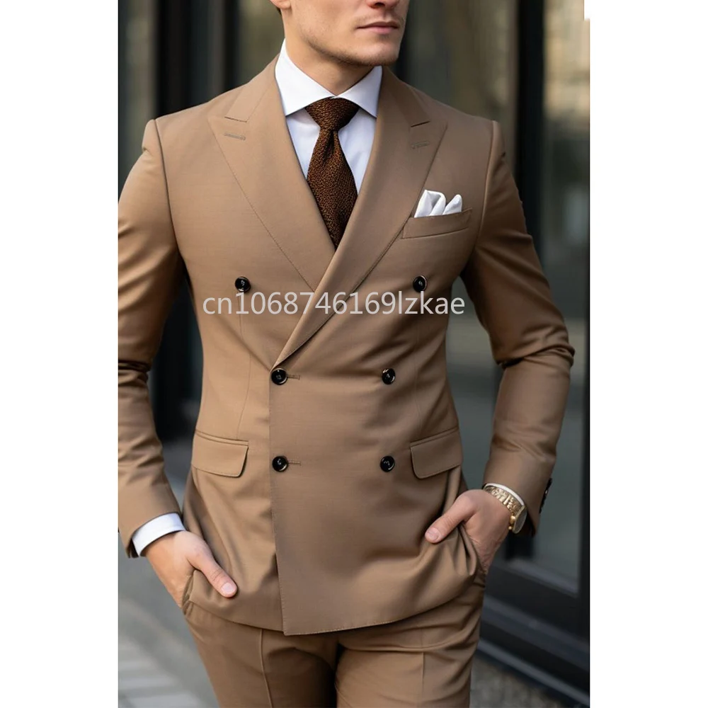 Formal Brown Men Suits Flat Front Regular Length Skinny Outfits Prom Party 2 Piece Jacket Pants Outfits High Quality Blazer