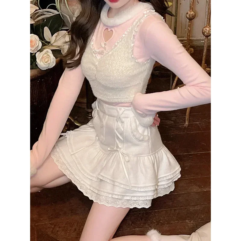 Japanese kawaii Lolita Mini skirt women Winter lace casual elegant sweet female skirt high waist bandage Korean skirt 2024 New