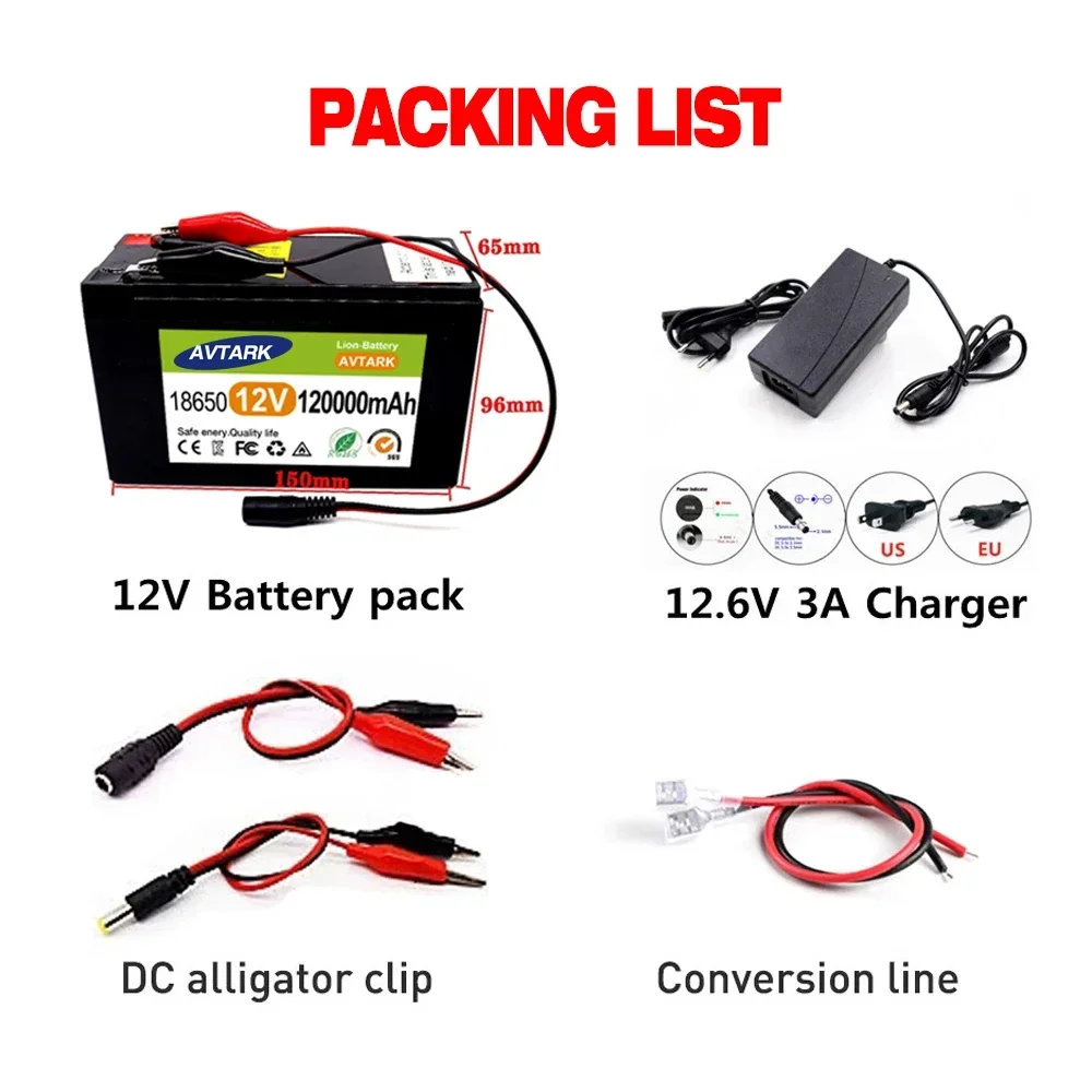 NEW Sprayers 12V 120Ah Built-In High Current 30A BMS 18650 Lithium Battery Pack For Electric Vehicle Batterie 12.6V Charger