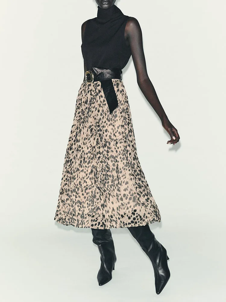 

Ele Animal Print Midi Dr with Belt Autumn New Arrival Women's Faion 2025 Seasonal Collection Ethnic Stage Costume