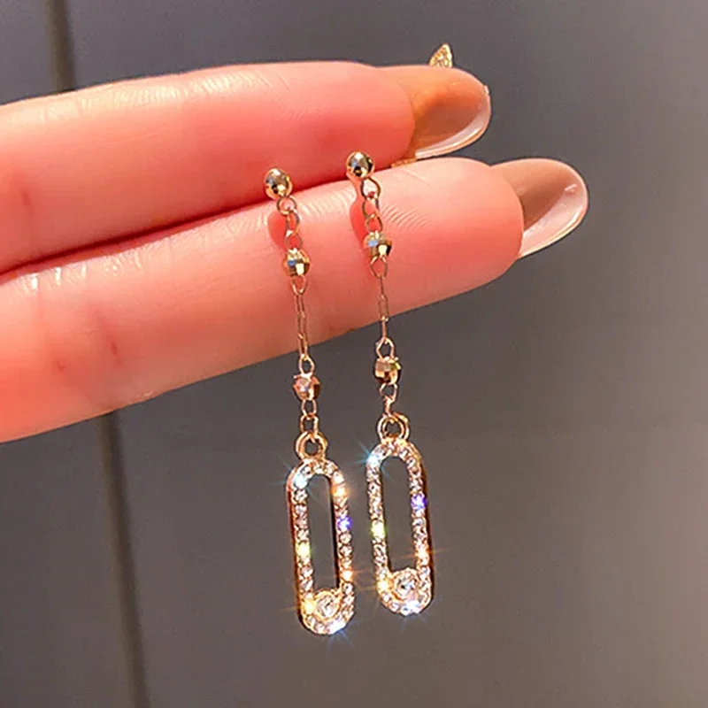 14K Gold Real Plated Geometric Crystal Drop Earrings for Women Korean Fashion Jewelry S925 Silver Needle AAA Zircon Ins Hot Gift