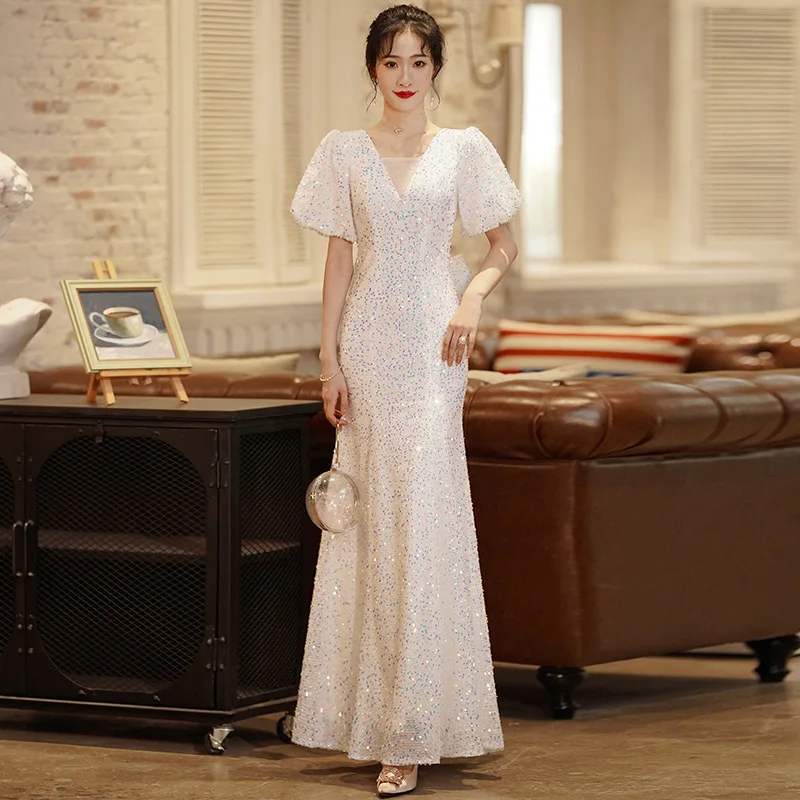 Abito da sera per banchetti da donna Design con paillettes a coda di pesce senza schienale per riunioni annuali, abbigliamento da donna