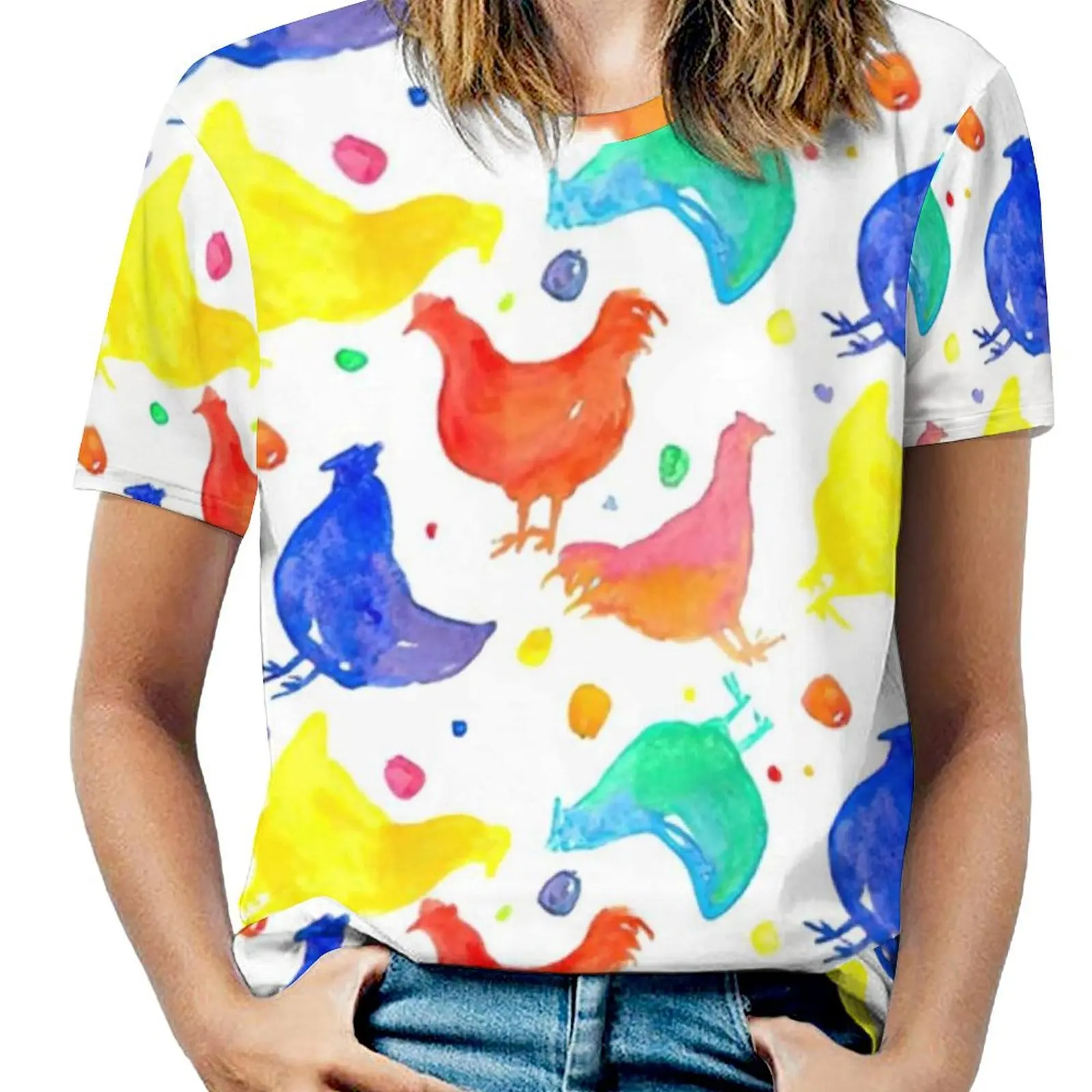 Big Size Colorful Chicken T Shirts Watercolor Animal Print Casual T Shirt Short-Sleeve Ladies Pretty Tee Shirt Beach Top Tees