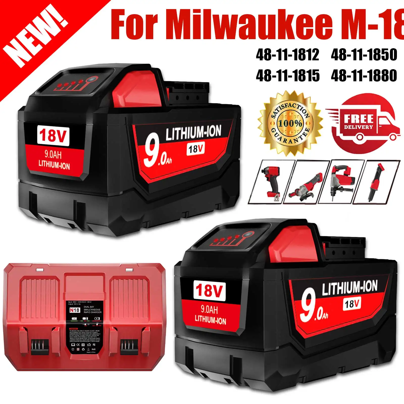 

18V 9000MAH Replacement For Milwaukee M18 Lithium Battery 48-11-1860 48-11-1850 48-11-1840 48-11-1820 Rechargeable Batteries