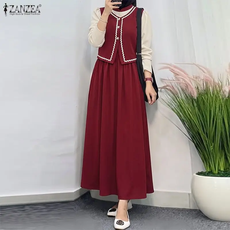 Women Autumn Patchwork Dress ZANZEA Muslim Abaya Long Sleeve Fake Two Piece Colorblock Wavy Trim Dresses Modest Ramadan Robe