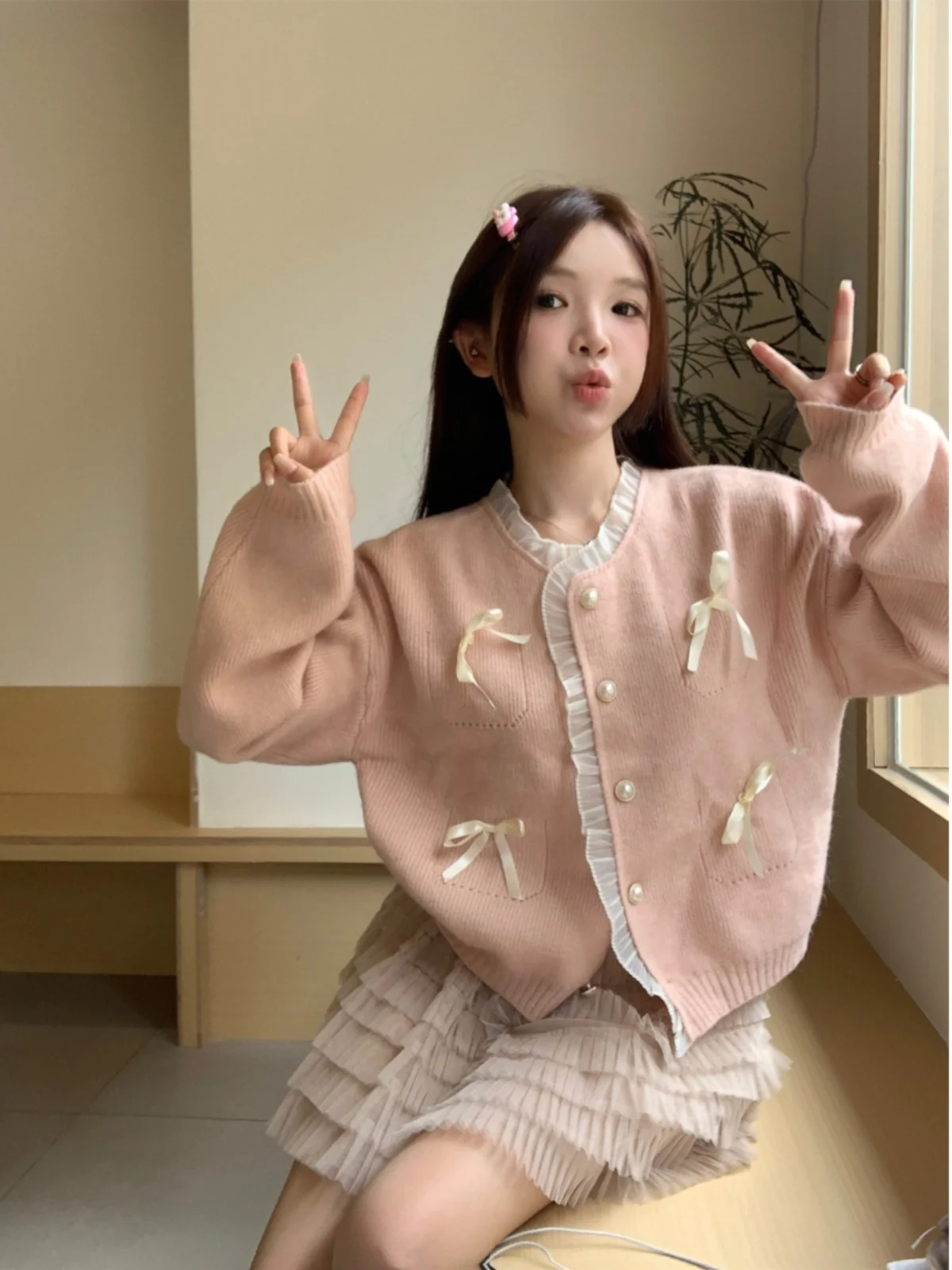 

Мягкий вязаный кардиган с кружевной отделкой и жемчужными пуговицами, женский весенне-осенний кардиган Fufu Personali Pearl Bule, верхняя одежда, трикотаж