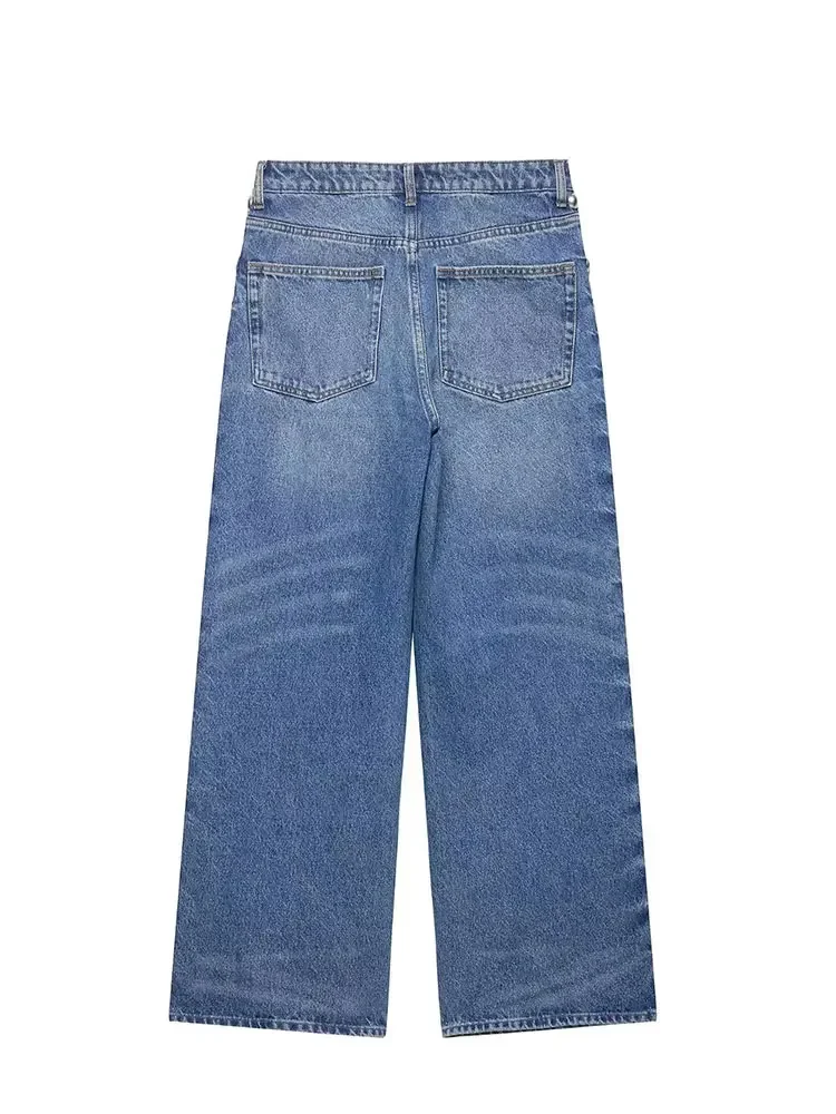 HH Street Fashion Straight With Metal Rivets High Waist Loose Wide-leg Jeans For Women Autumn Versatile Pants Vintage Bottom